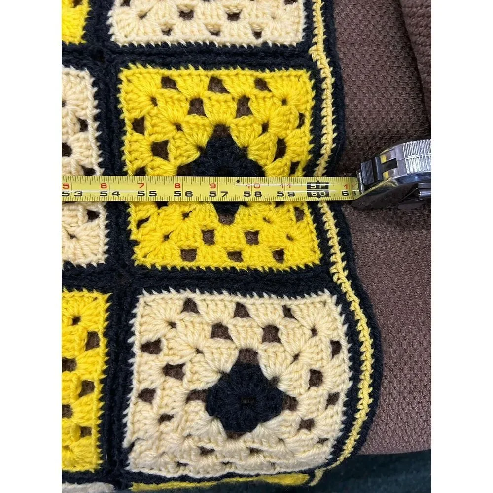 Vintage 70s Colorful Yellow‎ Granny Square Crochet Afghan Throw Blanket 60X36
